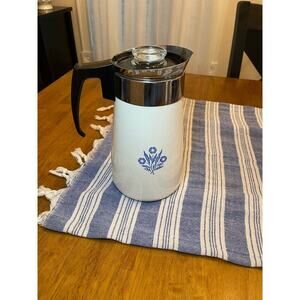 Vintage Corningwear blue cornflower 9 cup stove top percolator complete.